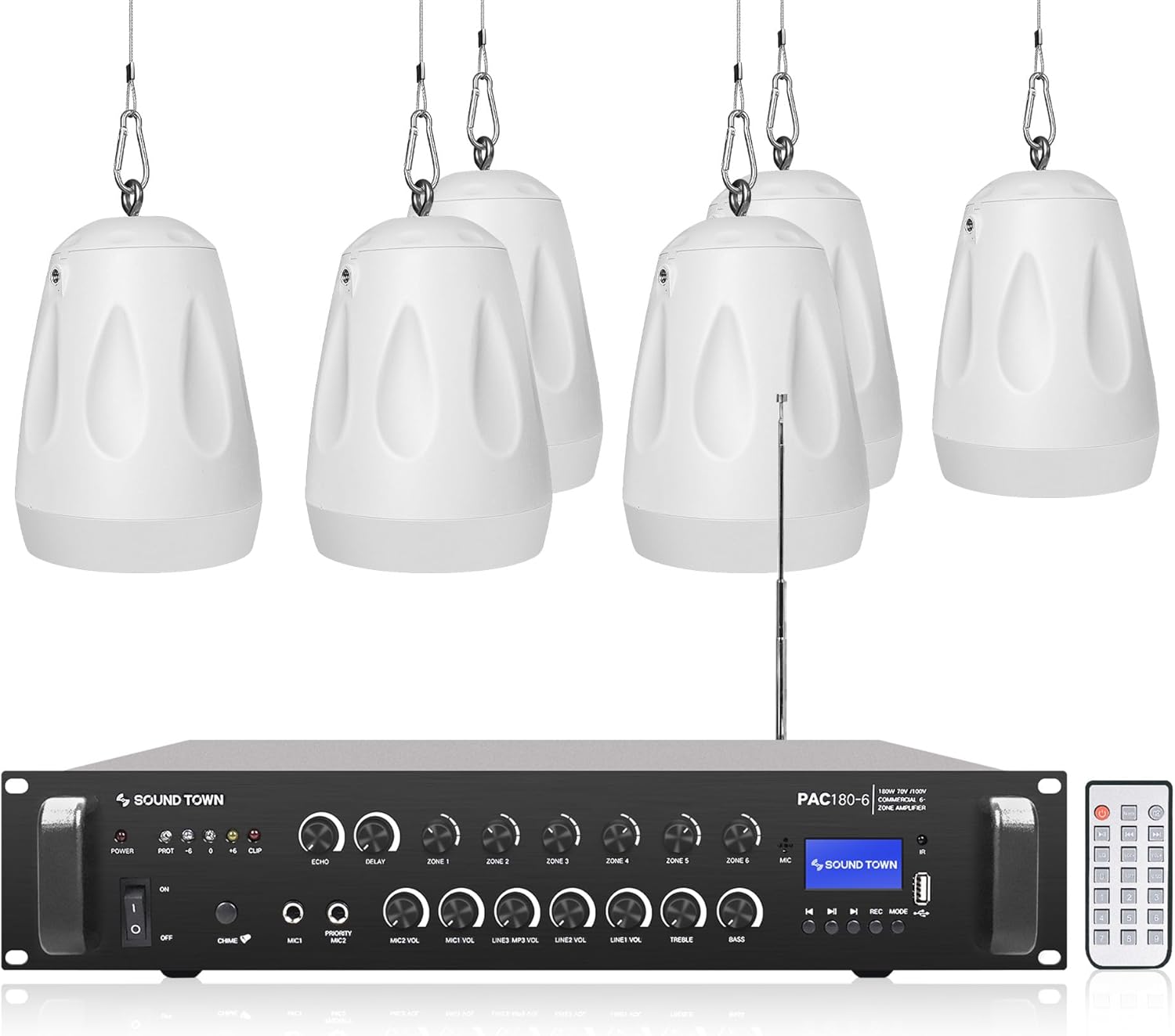 Sound Town Commercial Restaurant Bluetooth Amplifier + Pendant Speaker Set