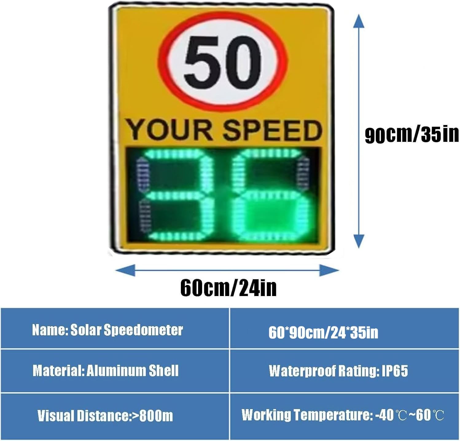 Solar Powered Speed Limit Radar Sign - High Brightness LED Display, Adjustable Reflective Road Warning Feedback Sign, 60x90 cm, Enhance Safety & Traffic Control