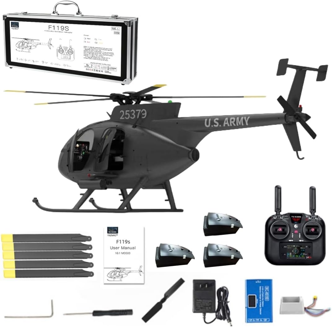 F119S MD500 Little Bird RC Helicopter with GPS, 1/16 Scale 9CH Military Helicopter Aircraft, Optical Flow, Adjustable Throttle, 6G/3D & Openable Cockpit for Hobbyists (Black 3 Battery)