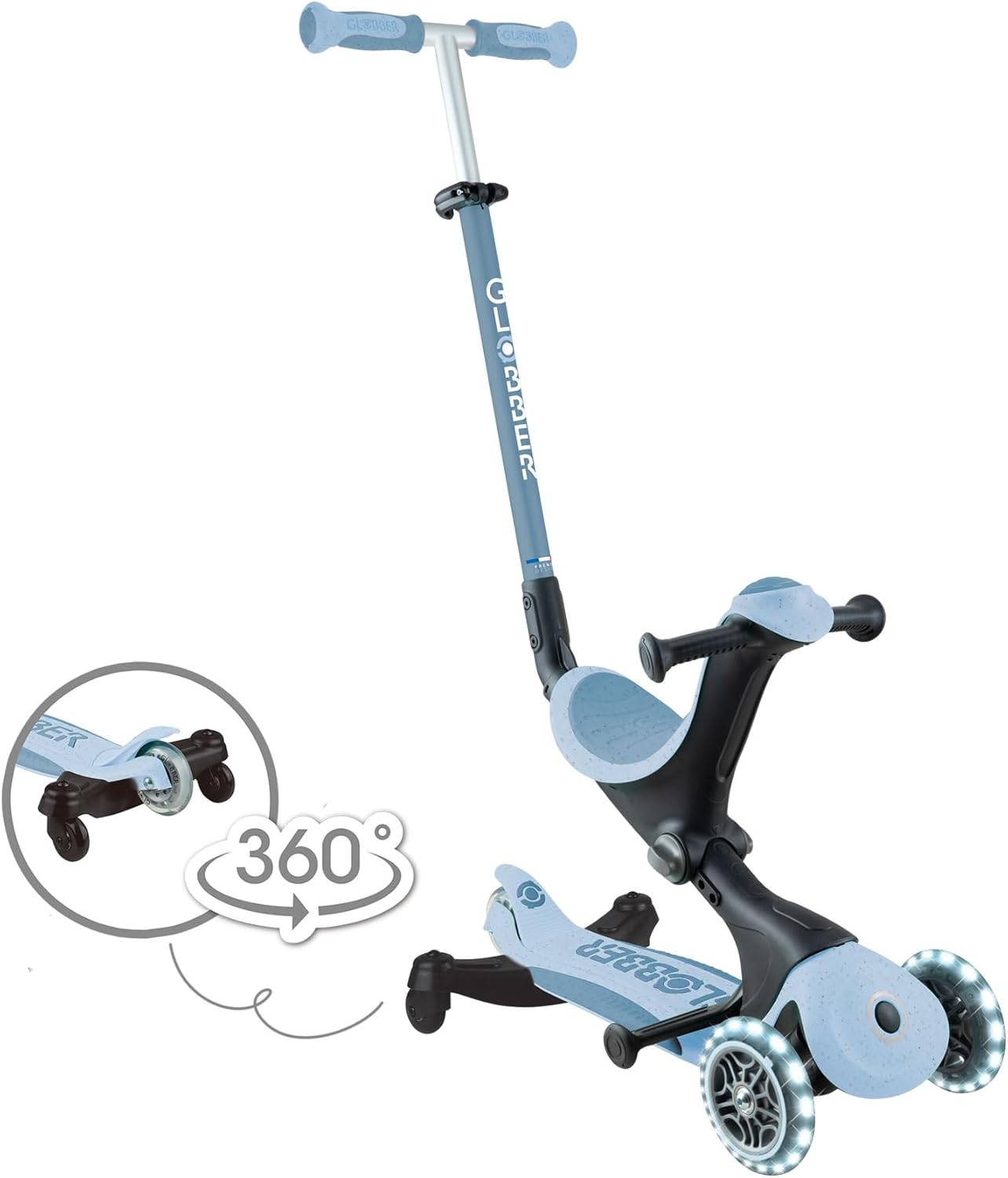 Globber - GO•UP Deluxe Lights ECO 360-3-Wheel Scooter with 360° Rotatable Seat, Footrest, LED and Durable Materials, 15 Months to 6 Years - Blueberry