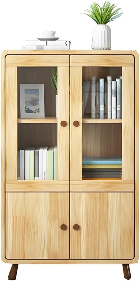 LITFAD Wooden Bookcase Free Standing Floor Bookshelf with Glass Doors Modern Storage Cabinet for Home Office, Study Room, Bedroom, Oak-27.5