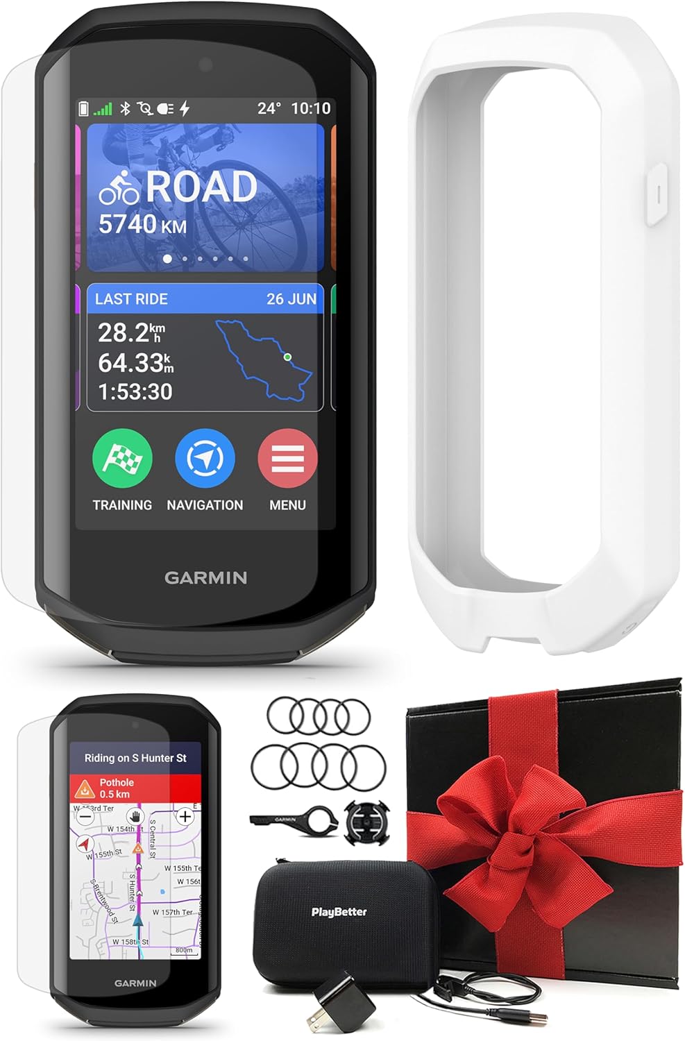 Garmin Edge 1050 Premium Cycling Computer Gift Box Bundle - Color Touchscreen, Built-in Speaker, Group Ride, Road Alerts with PlayBetter Silicone Case (White), Screen Protectors, Wall Adapter & Case
