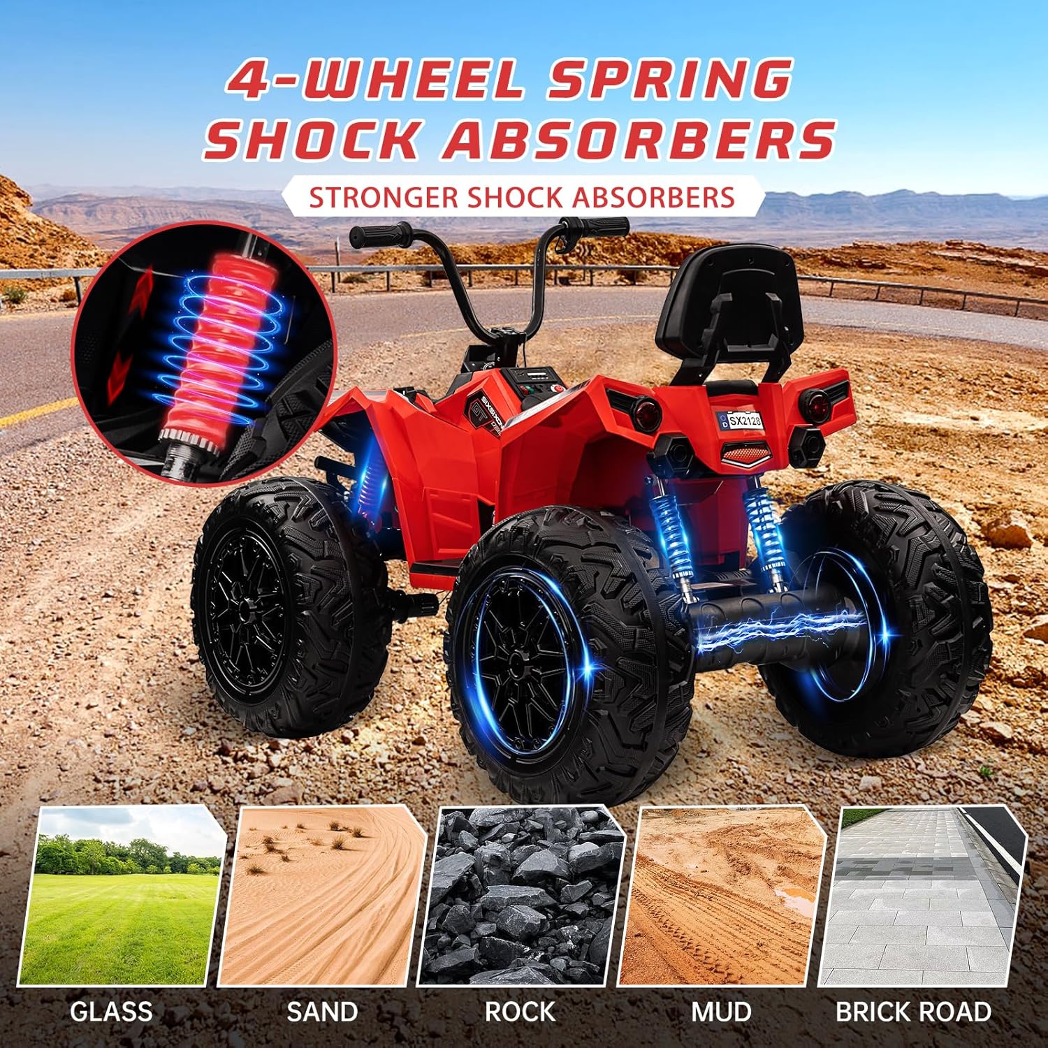 Kids ATV Car, GAOMON 24V Ride on Toy 4WD Quad Electric Vehicle, 4x80W Powerful Engine w/7AHx2 Large Battery, Accelerator Handle, Full Metal Suspensions, EVA Tires, Bluetooth & Music, Red