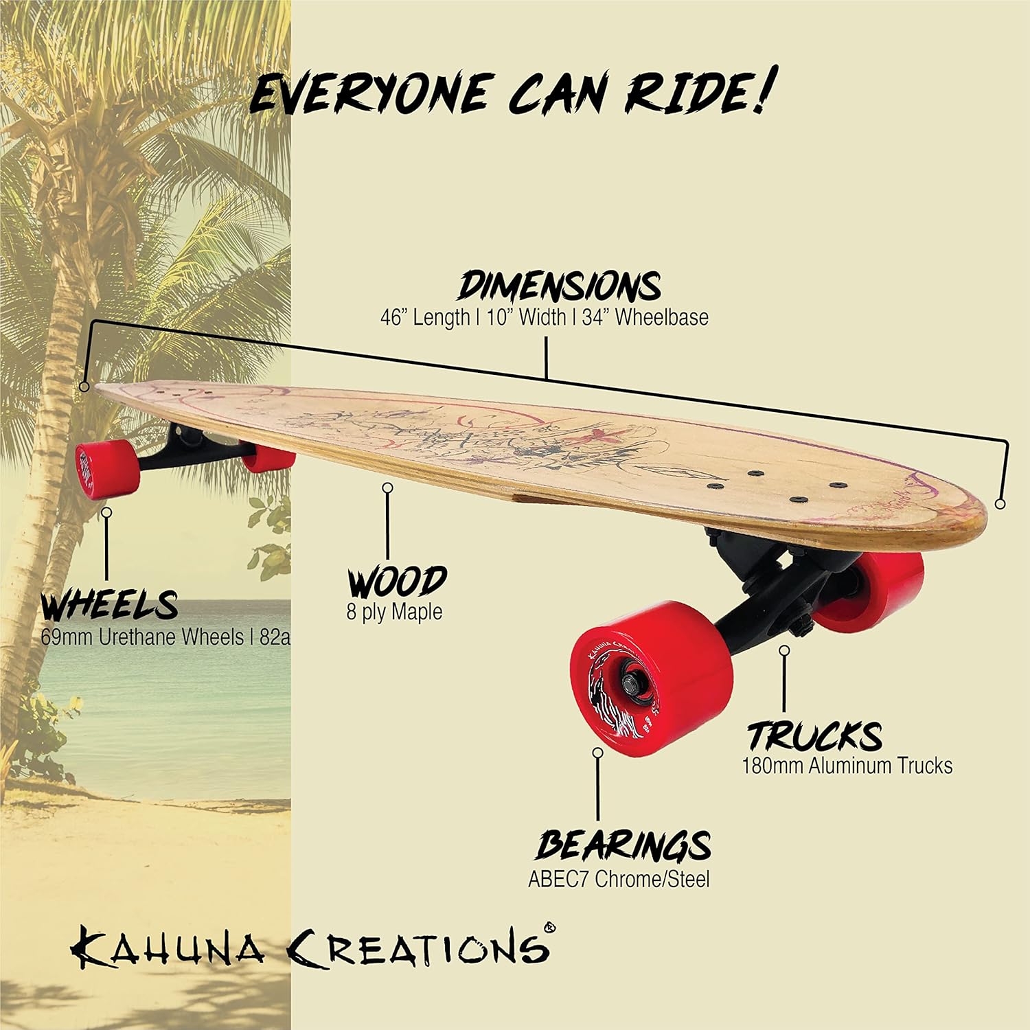 Kahuna Creations 46” Pohaku Longboard Skateboard Speed Cruiser for Cruising and Carving