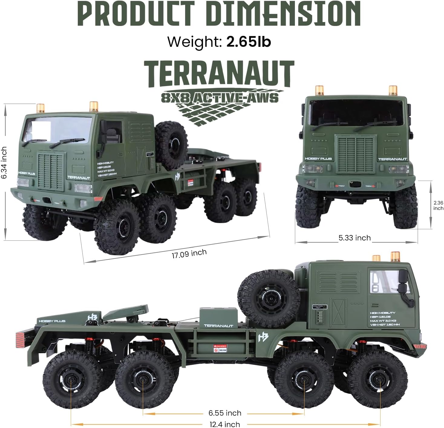 HOBBYPLUS Helidirect 1/18 RC Crawler CR18P Terranaut 8x8 RC Truck Remote Control Car w Full-Lock 8WD RTR Active All-Wheel Steering, 2-Speed Transmission, Recovery Winch, LED Lights (Green)