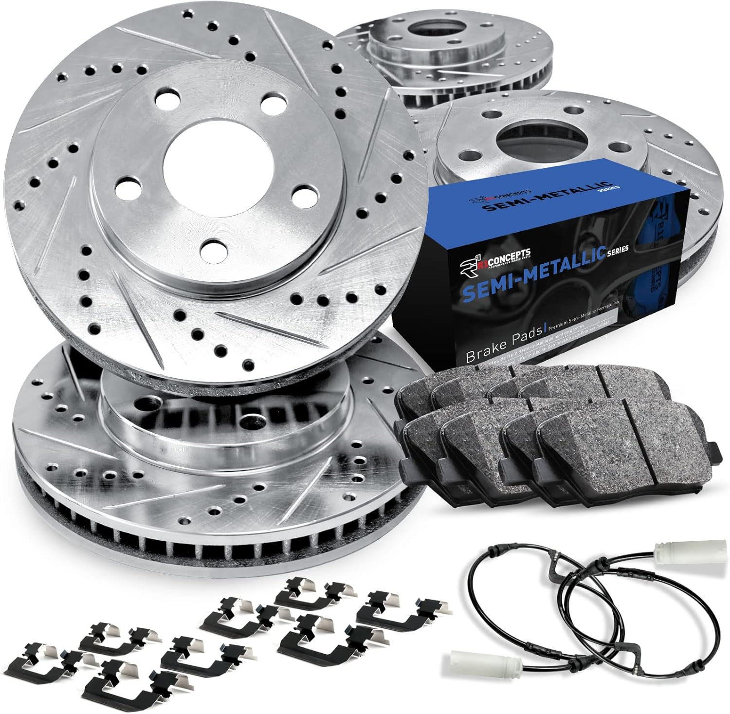 R1 Concepts Front and Rear Brake Kit For 2015-2021 Lexus RC F, 2016-2020 Lexus GS| Drilled Slotted Brake Rotors| Semi-Metallic Brake Pads and Rotors Kit| Hardware, Sensor included