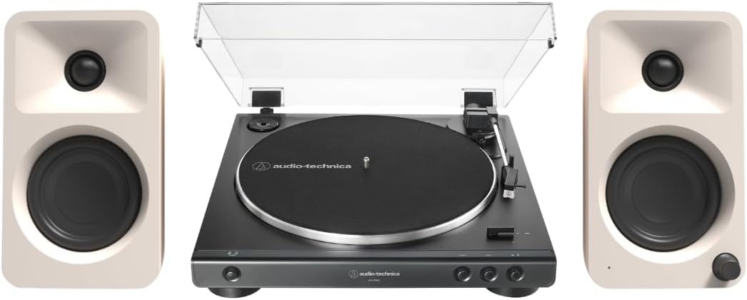 Kanto ORAME 100W Powered Reference Desktop Computer Speakers (Cream) with 60X-BK Fully Automatic Belt-Drive Stereo Turntable - Bundle