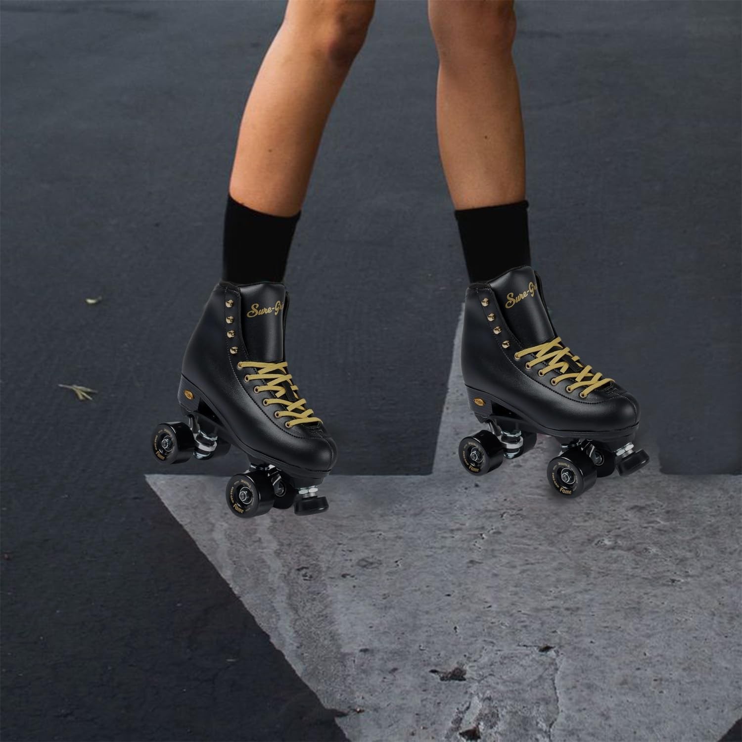 Sure-Grip Fame Black & Gold Unisex Indoor Roller Skates - Vegan Boot with Microfiber Lining - Offers Rock Nylon Plate & Aluminum Trucks - Matching 57mm Fame Black Indoor Wheels - Ideal for Beginners