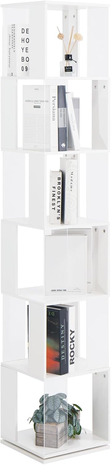 AJLDN Rotating Bookshelf Spinning Bookcase Tower Large Capacity Corner Bookshelves and Bookcases Multi-Function Creative Floor Rack with Acrylic Plate for Living Room Bedroom Office,White-6tier