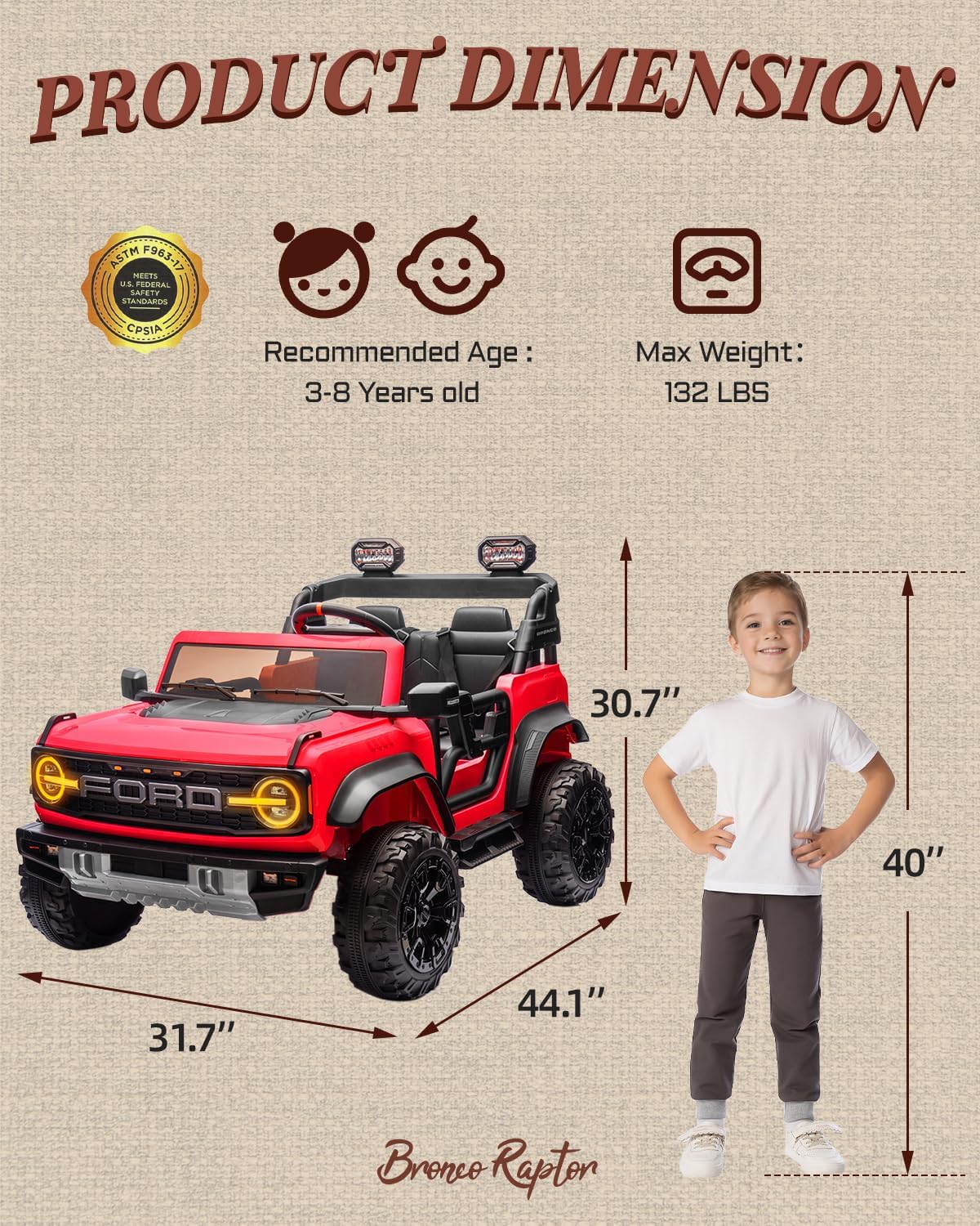 First Ride On Ford Bronco 24V Ride on Toys for Boys & Girls, 2 Seater Kids Electric Car with Remote Control, Kids Ride on Truck with 4 Wheels Suspension, Led Lights, Safety Belt (24V, Red)