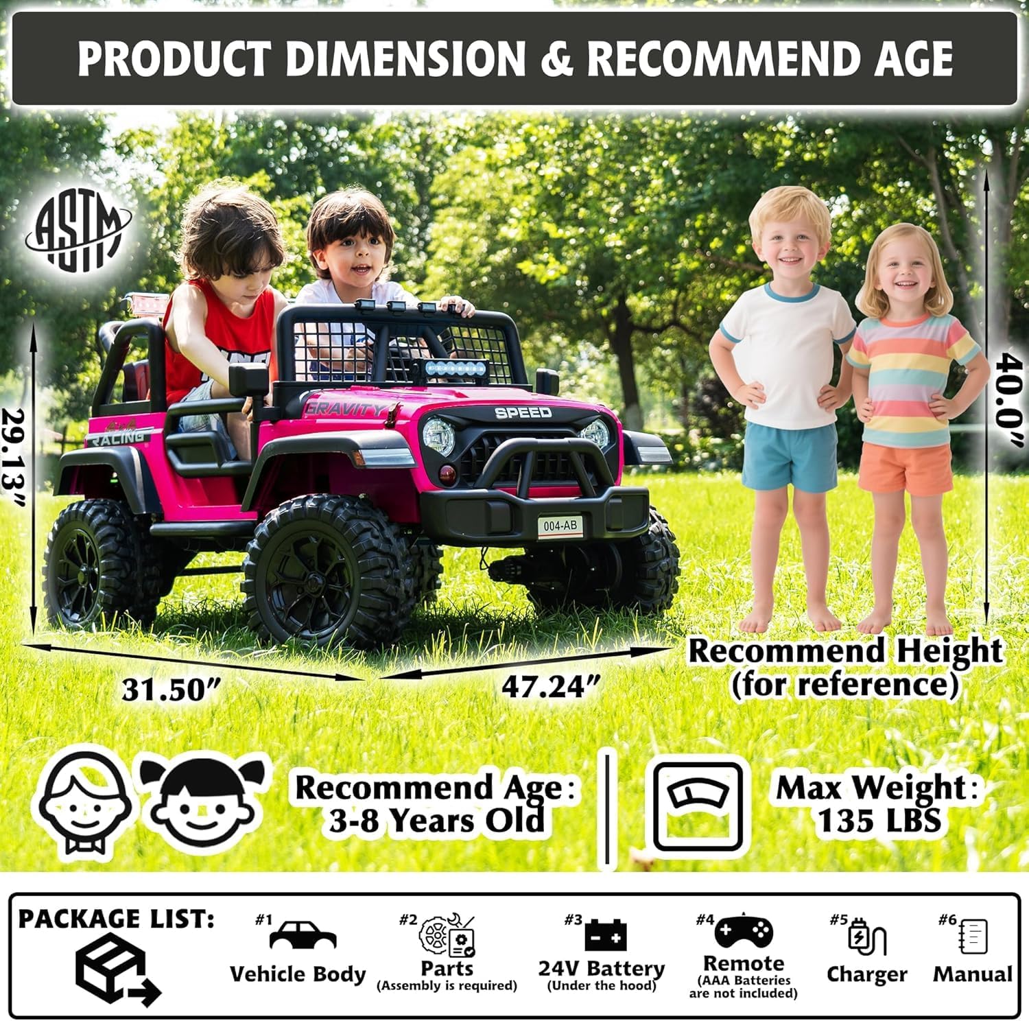 sopbost 24V Ride On Car with Remote Control, 2 Seater Ride On Toy for Kids, 4x4 Kids Electric Vehicle Car, Ride On Truck with EVA Tires Wheels, Bluetooth (Hot Pink)