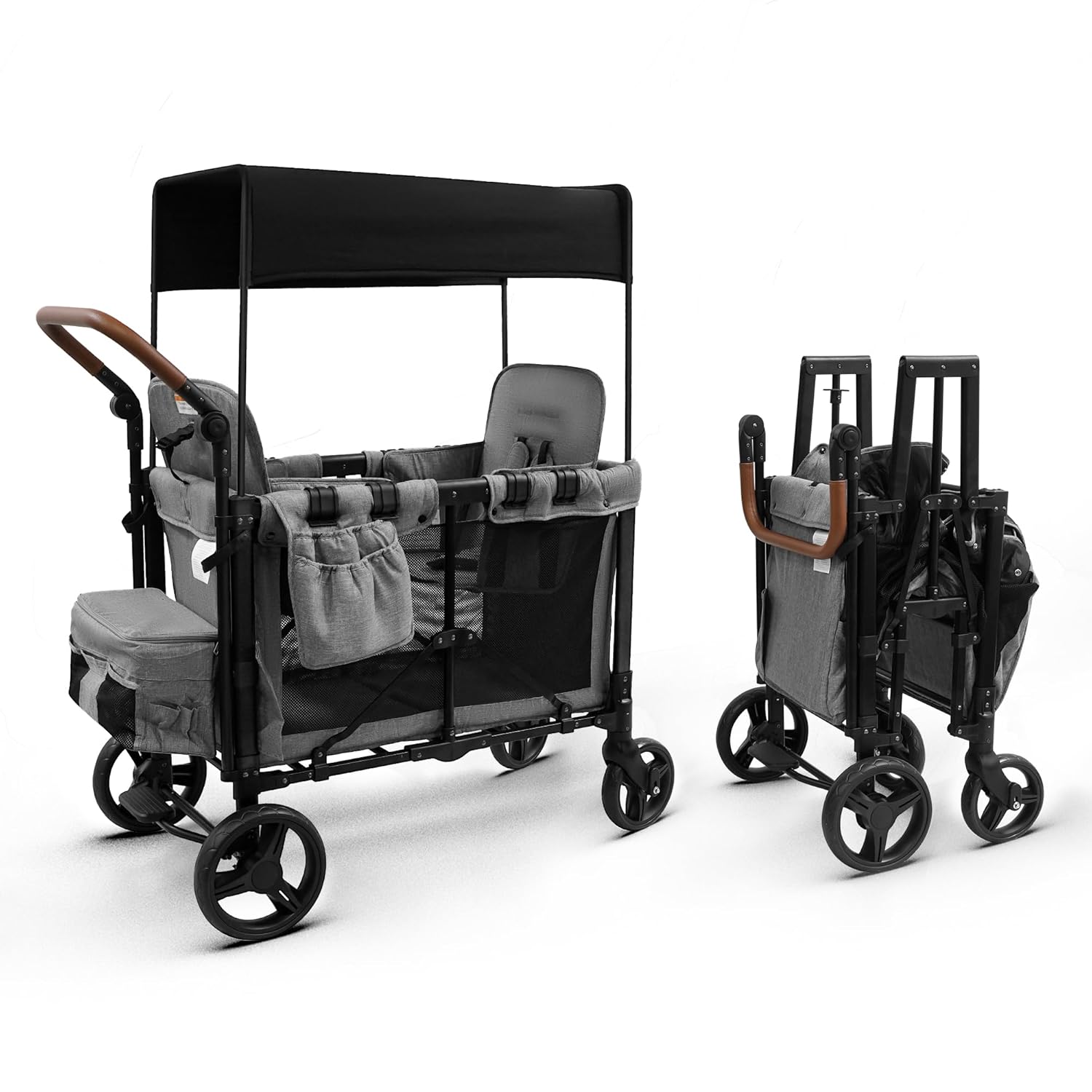 Wagon Stroller for 2 Kids - Double Seater Push Stroller with Canopy | Collapsible Foldable Wagon for Kids Toddlers & Infants with Removable Seat Pads (Grey)