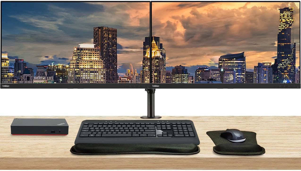 Lenovo ThinkVision E28u 3840 x 2160 LED 4K UHD LCD Monitor, 2-Pack Bundle with HDMI, DisplayPort, Speakers, Dual Monitor Stand, ThinkPad USB-C Dock, MK540 Wireless Keyboard and Mouse, and Wrist Pad