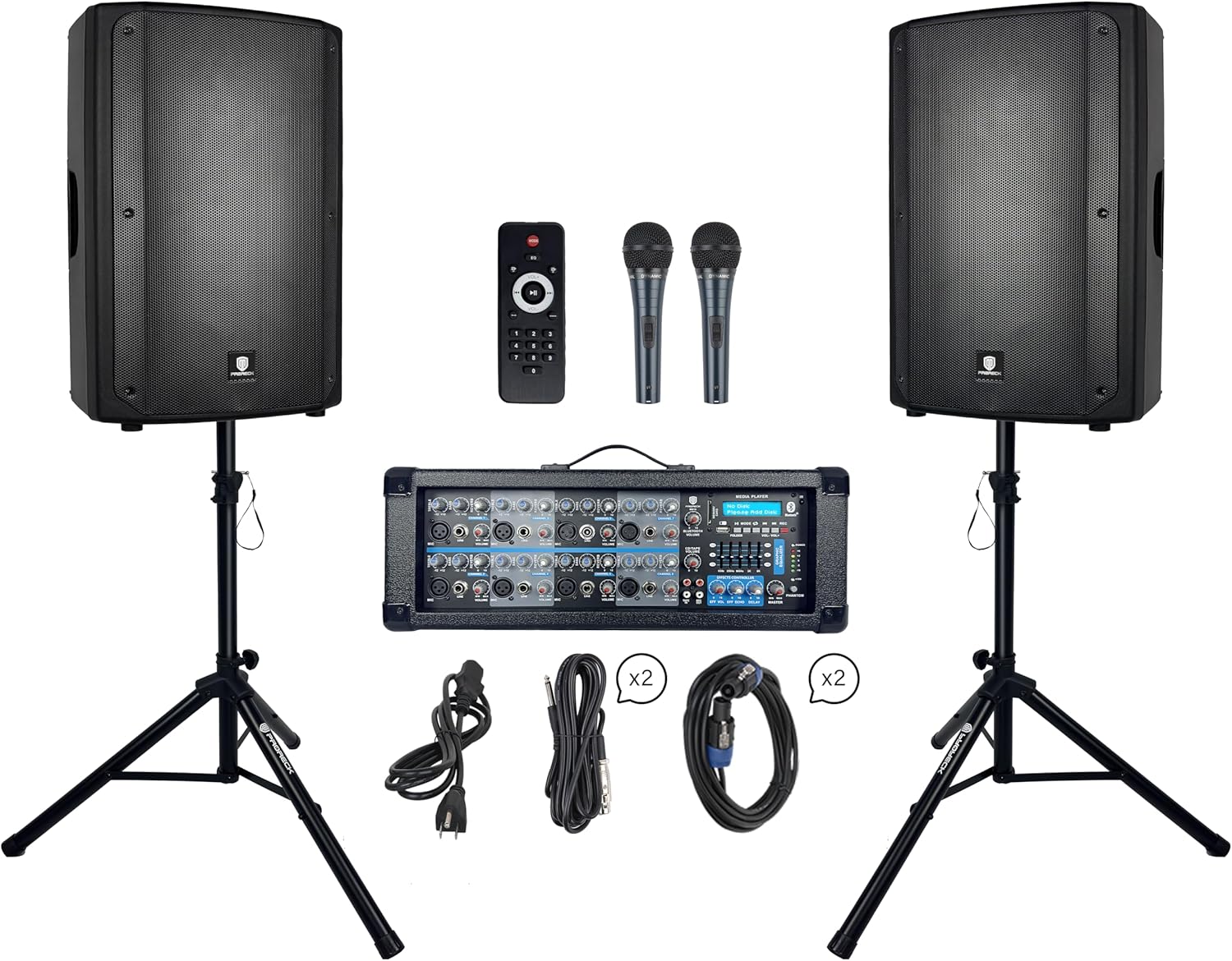 PRORECK Delta 158 2400W Bluetooth PA Speaker System with 8-Channel Powered Mixer, 2 15-Inch Passive Speakers, Stands, Reverb Effects, 15V Phantom Power. Perfect for DJs, Bands, Karaoke, Live Events.
