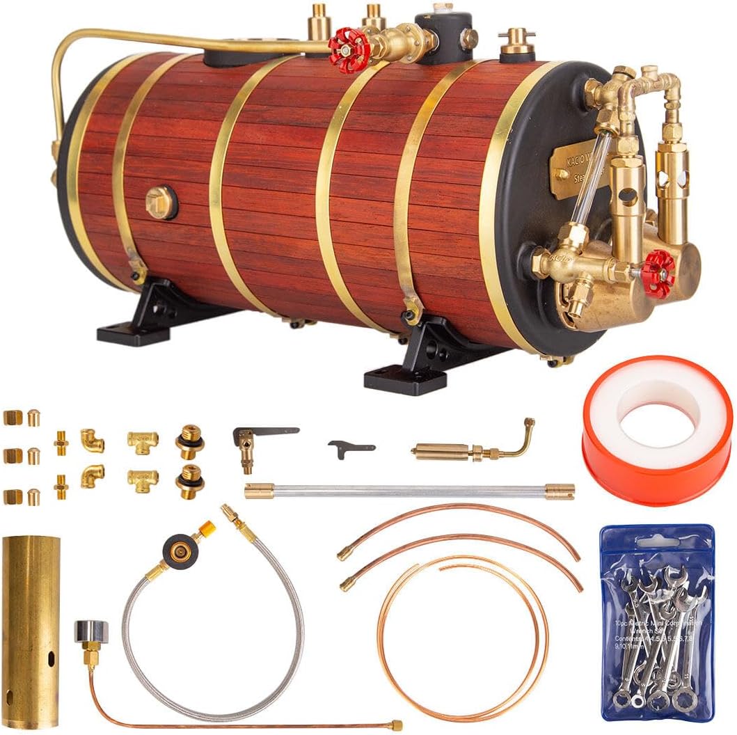 Horizontal Steam Boiler Model with Double Combustion Tube for Steam Engine & Model Ship, 1000mL Brass Construction Boiler with Thermal Insulation for Educational Steam Power Demonstrator