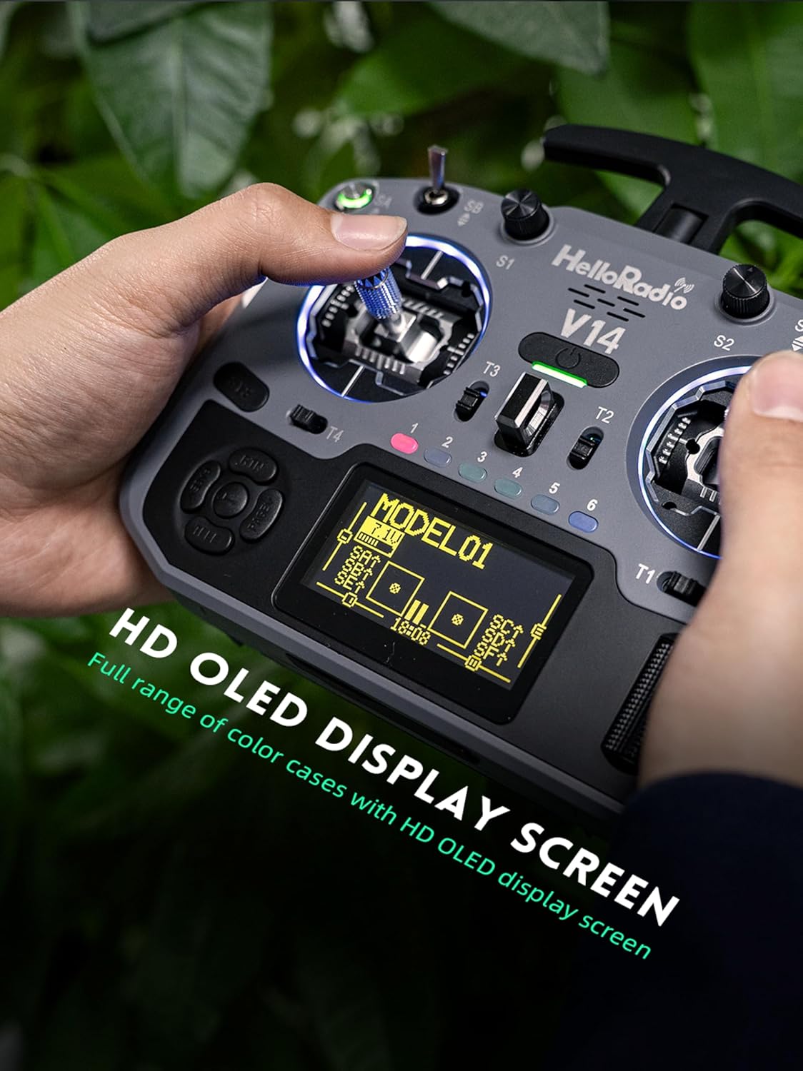 HelloRadio V14MAX ELRS FPV Radio Transmitter – 2.4GHz ELRS OpenTX/EdgeTX Remote Controller with CNC Hall Gimbals, AI Voice Assistant, External Module Bay, Foldable T-Antenna, and OLED Display for RC FPV Drones