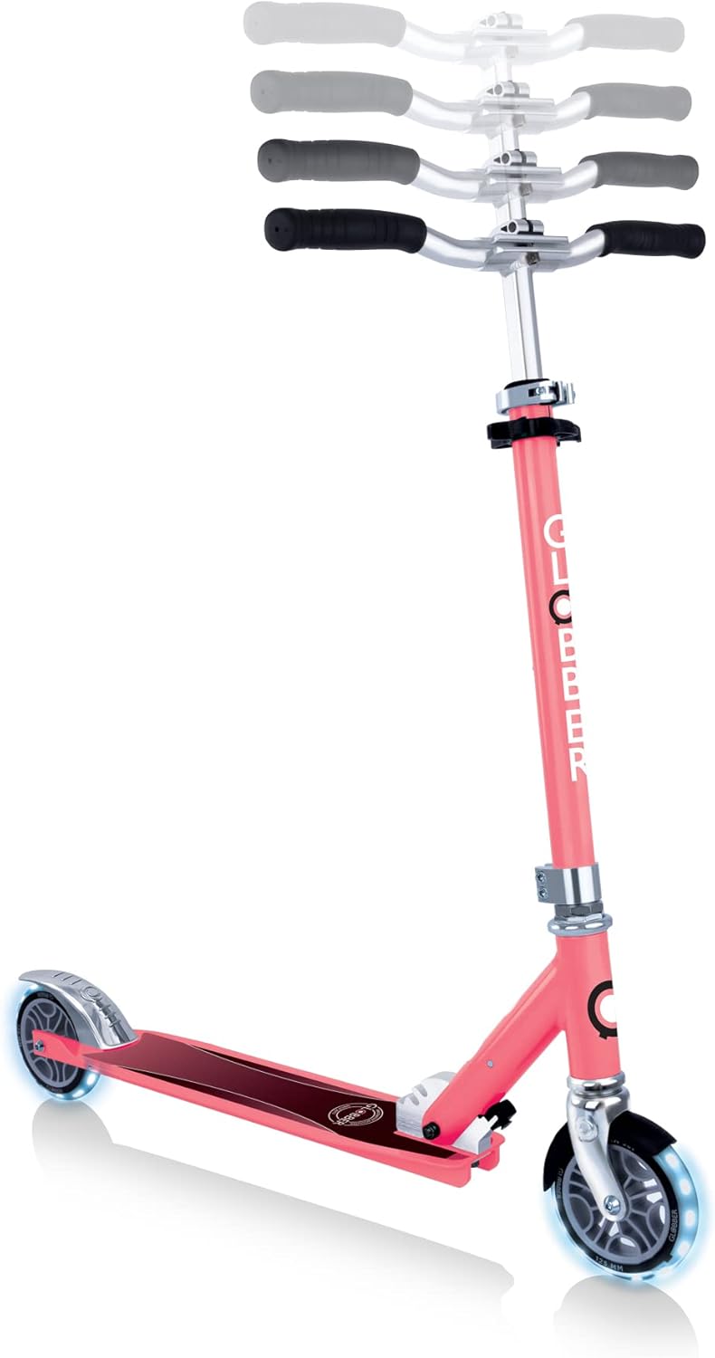 GLOBBER Flow Element Lights 2 Wheel Aluminium Scooter with Luminous Wheels for Kids and Teens (5 Years Old) - Coral Pink