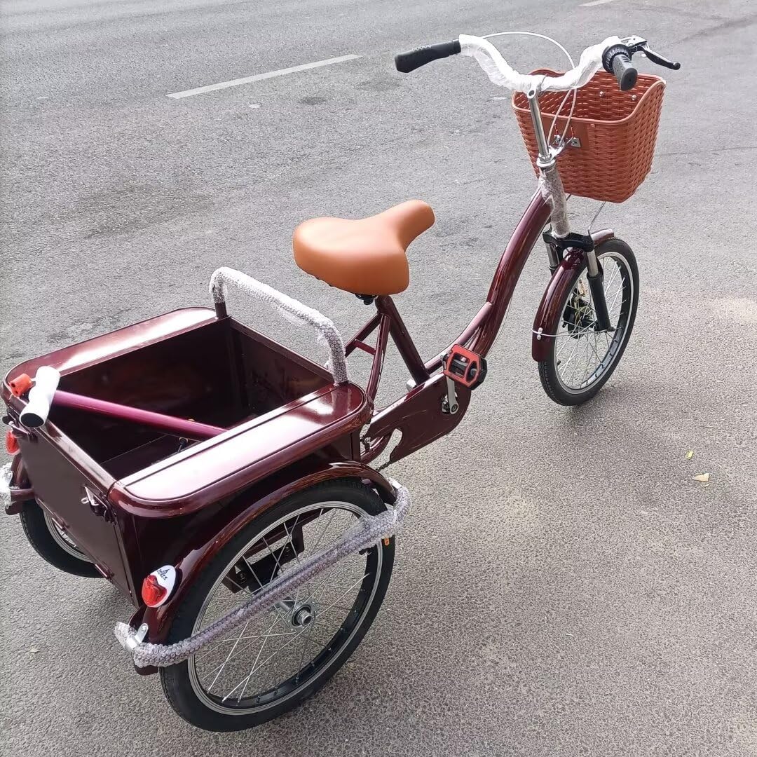 20inch 3 Wheels Bicycle,Rickshaw Pedal Tricycle with Back Cabin,Cargo trikes,Front and Rear Dual Brakes,Shock Absorber Front Fork,Pneumatic tire Spoke Wheels (Wine Red 20 in)
