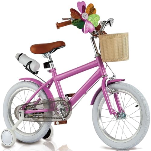 Girls' Toddler Bike 16/20 Inch for Ages 3-12, Adjustable Seat, Basket, Bell, Training Wheels, Handbrake, Water Bottle Holder & Windmill - Safe & Fun!