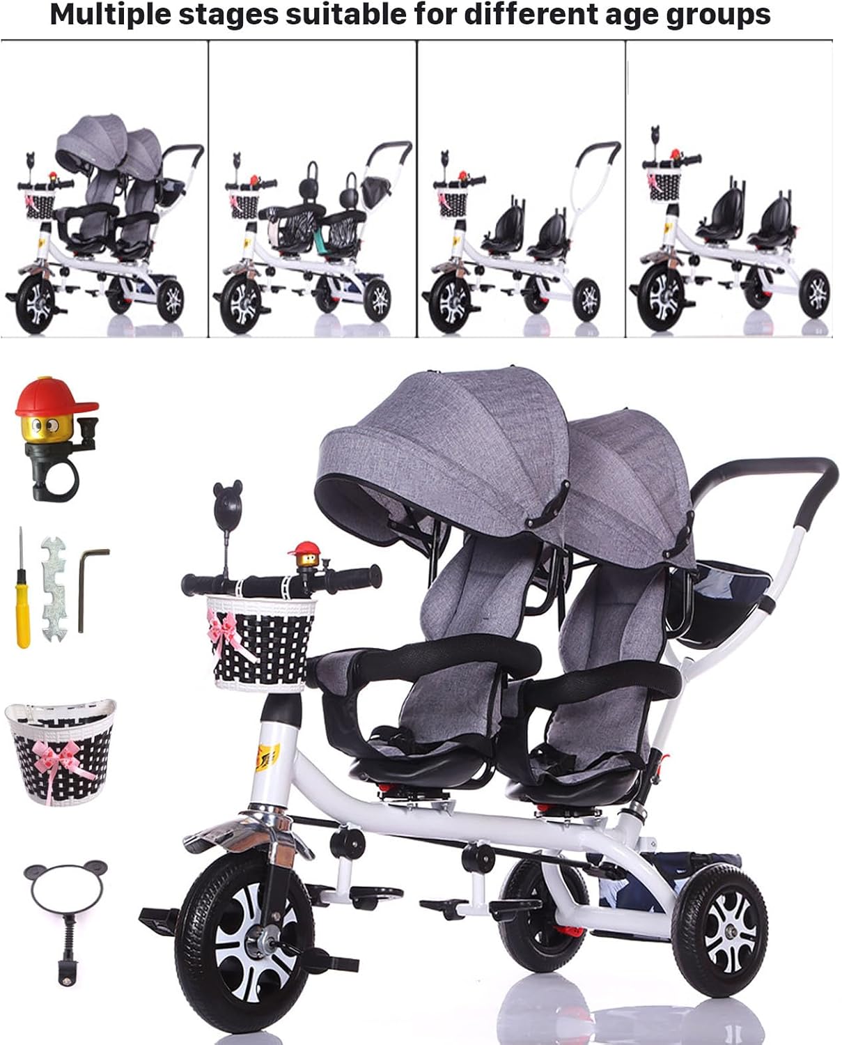 Twin Stroller Tricycle for Kids - Adjustable Push Bike with Parent Handle & Safety Footrests, Includes Storage Bag Safe Balance Bike for Toddlers,Gray