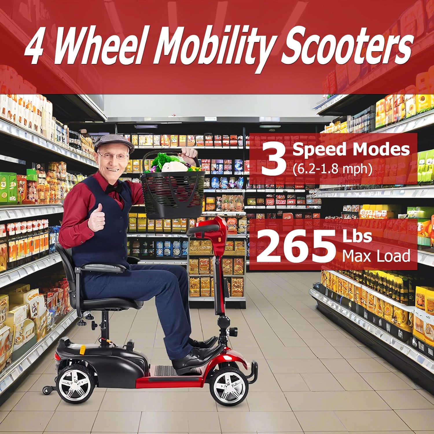 Mobility Scooters for Seniors - Upgraded Powered Mobility Scooters for Adults,Foldable Lightweight Electric Wheelchair,14 Miles Range,5 Mph Range,Seat Swivel,Max Load 265LB,All Terrain(Red)