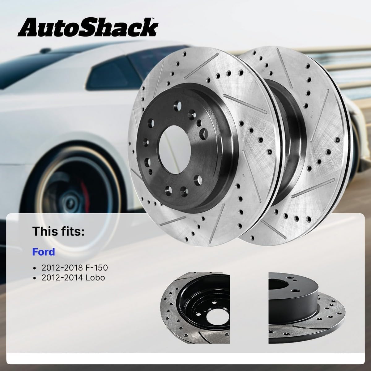 AutoShack Front & Rear Drilled & Slotted Brake Rotors Replacement for 2012-2018 Ford F-150 2.7L 3.0L 3.3L 3.5L 3.7L 5.0L 6.2L V6 V8 4WD AWD RWD E-Coated 4-PC Set ShadowGuard
