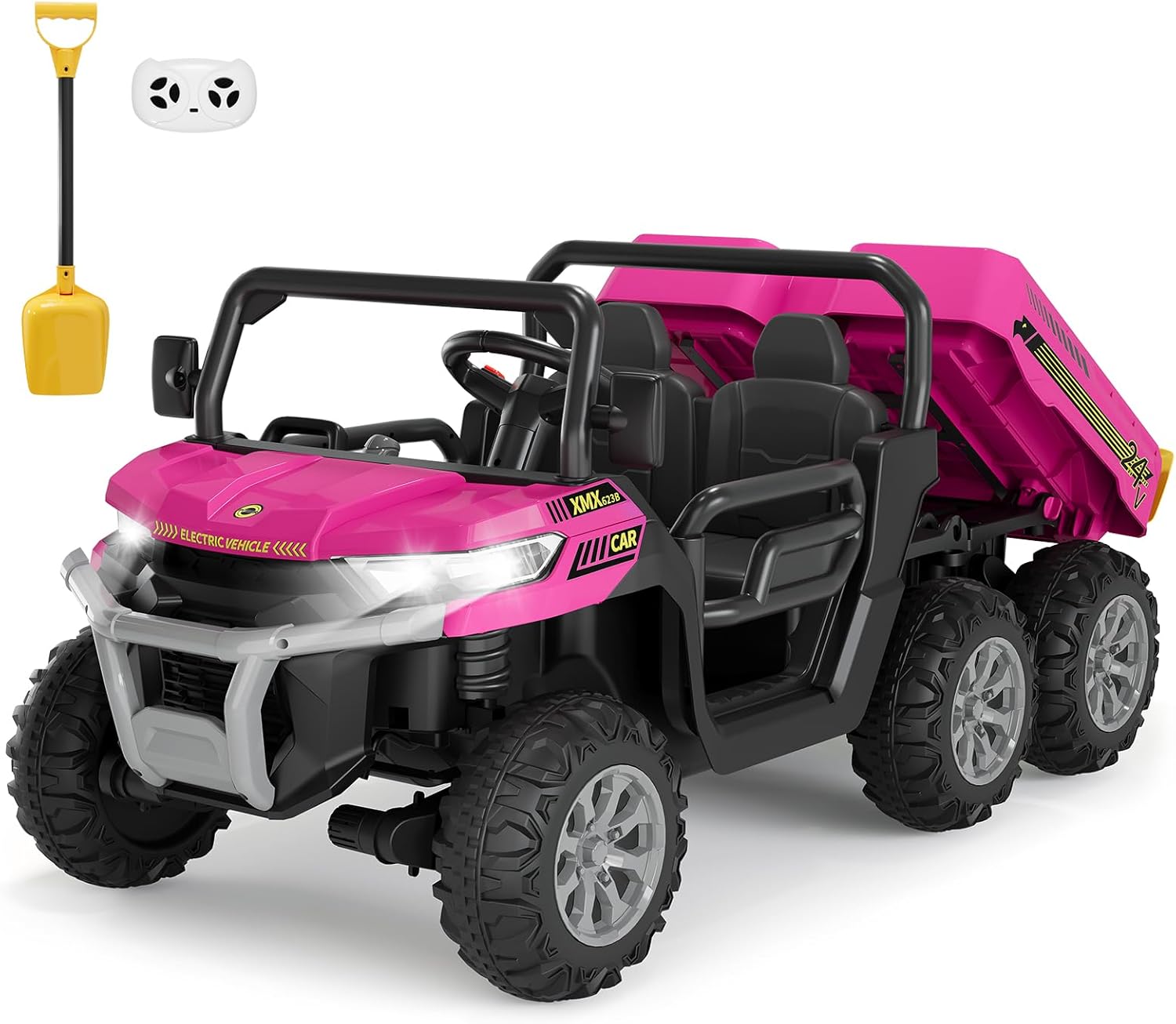 Hetoy 24V Ride on Dump Truck with Remote Control, Electric Dump Bed, Electric Utility Vehicles UTV 4WD Battery Powered 6 Wheeler Ride On Toys for Boys Girls (Pink)