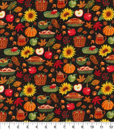 Fall Foods on Black Cotton Fabric