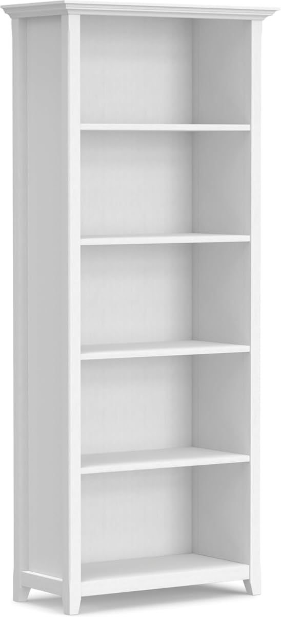 SIMPLIHOME Amherst Bookcase - 70 inch Tall 5-Shelf Solid Wood Bookshelf in White, Transitional Storage for Living Room, Study Room or Office with Adjustable Shelves and Tapered Legs