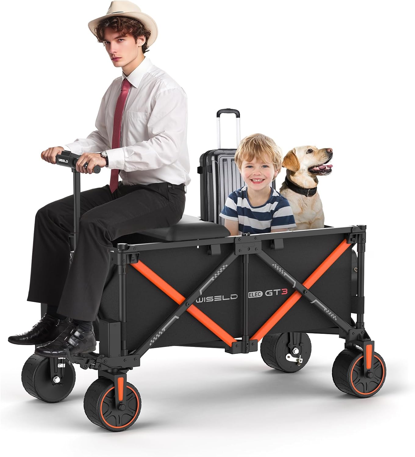WISELD GT3 Electric Wagon Cart, Dymanic Load 551LBS/Static 771LBS, All Terrain Wagon Heavy Duty, 18.6MI, 1-10 MPH, 2 Modes, Reverse Function, Precision Steering, for Shopping, Sports, Garden, Camping