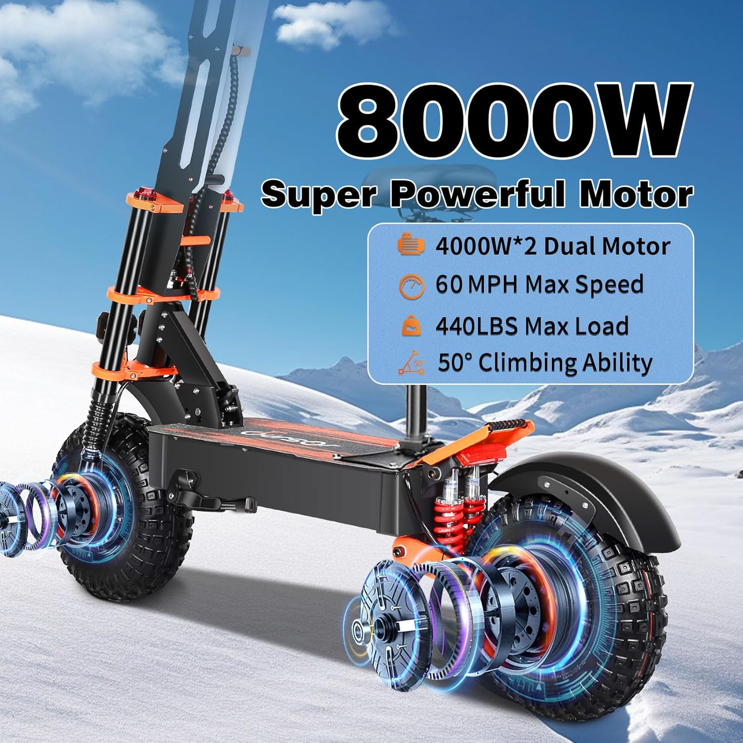 Electric Scooter for Adults, Top Speed 60MPH 60V 38Ah 8000W Power Dual Motor 65 Miles Range, 13