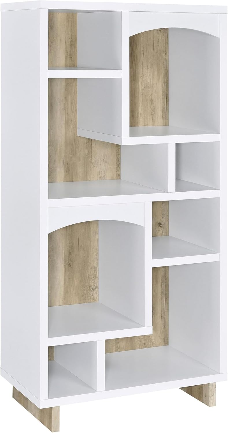 Benzara Aton Bookcase-Multiple Shelves and Compartments-Distressed White