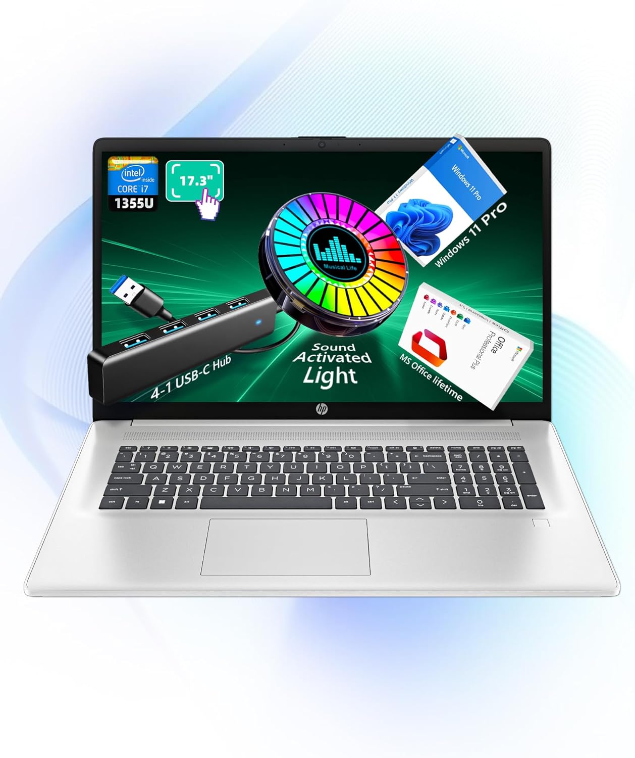 HP 17 inch Touchscreen Business laptops, with Lifetime Office Pro & Windows 11 Pro, Intel i7-1355U(10 Cores), 17.3