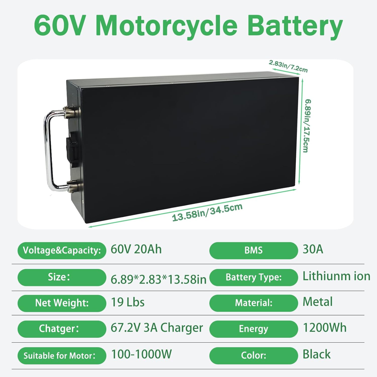 60V 20Ah Motorcycle Battery 60V Ebike Battery Lithium-ion Batteries with BMS & Charger for 100W-1000W Fat Tire Electric Scooter, Bicycle, Motorcycle