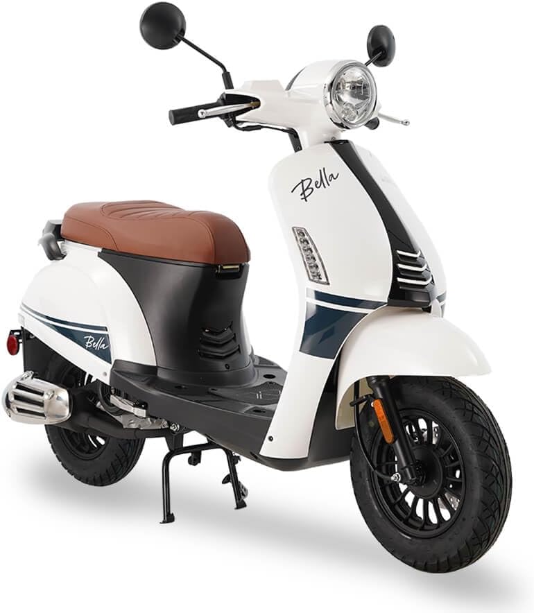 Bella PMZ50-5 Urban Scooter, Classic Design with Brown Leather Seat, Available in White,Black,Grey Colors, LED Lighting System