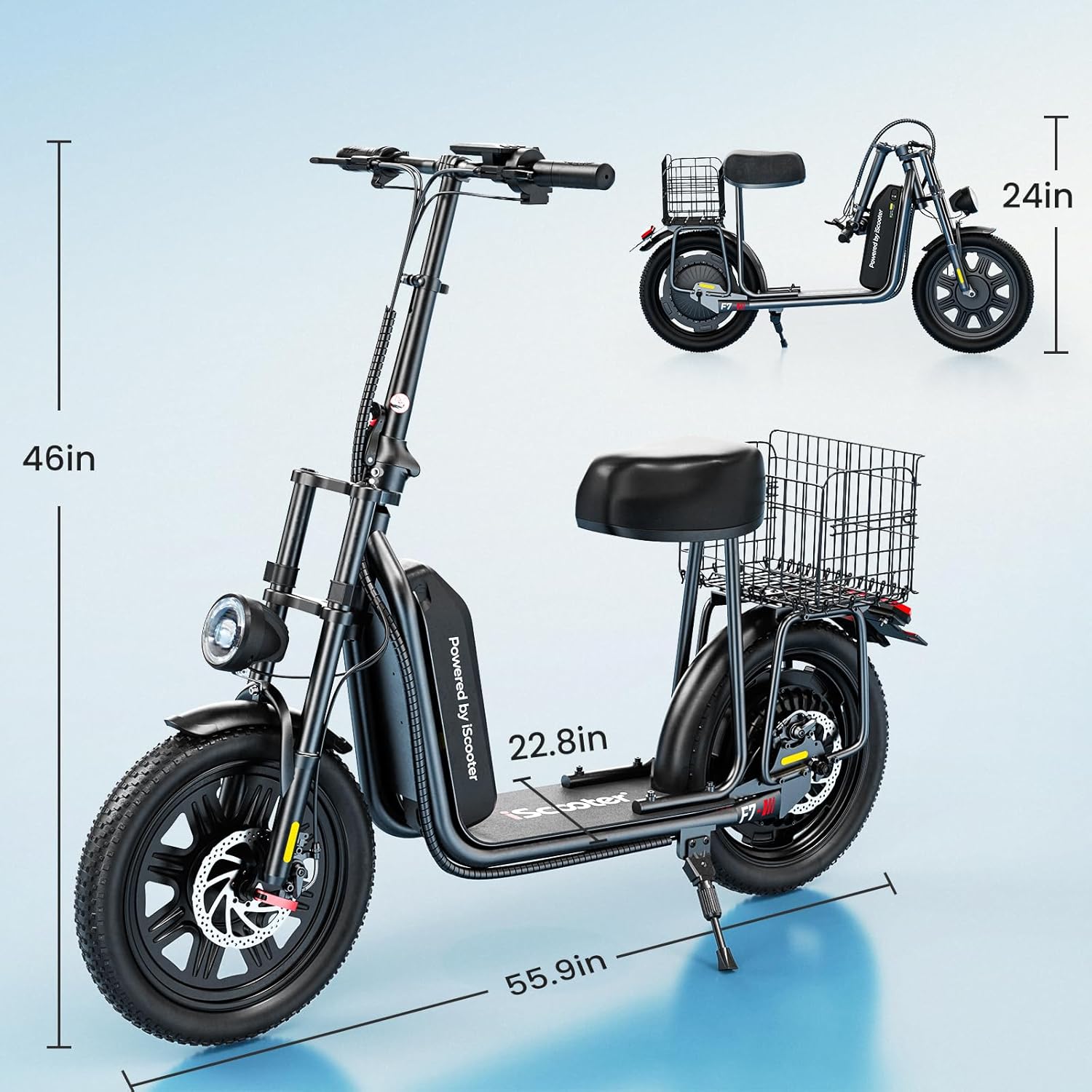 iScooter F7 Electric Scooter Adults, 1000W Powerful Motor, 28 MPH Top Speed & 45 Miles Range, 16'' Fat Tire Scooter for Adults, Detachable Seat & Adjustable Handlebar & APP Electric Scooter with Seat
