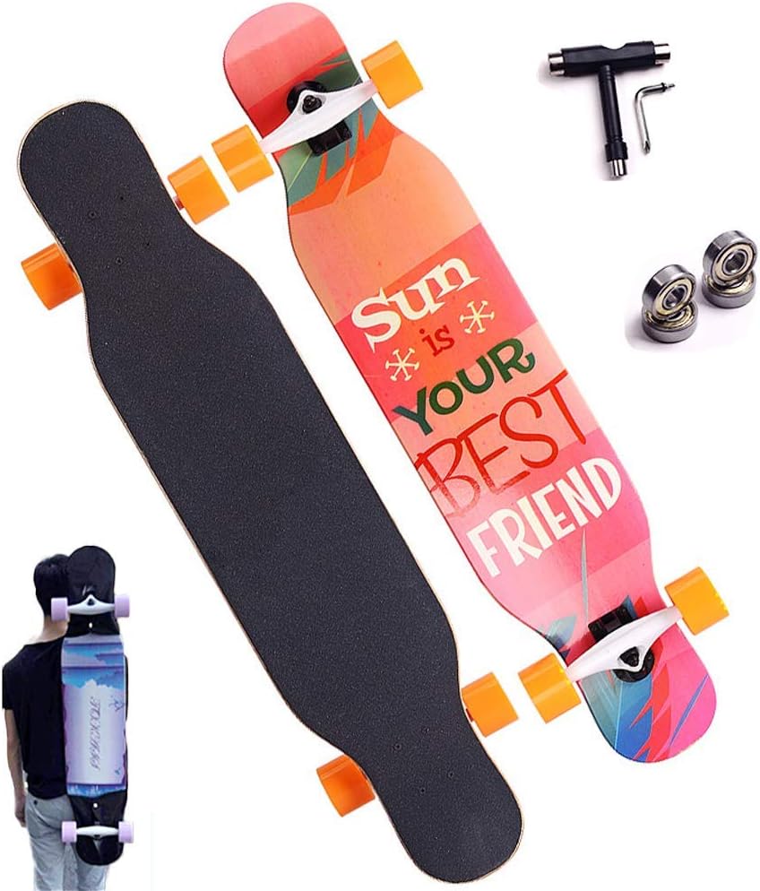 Longboard Complete Board 107×26cm with T-Tool + Spare Bearing + Backpack 9 Layers of Maple Double Kick Cruiser Skateboard High-Speed ABEC-11 Bearings for Youths Adults Kids Beginners (A)