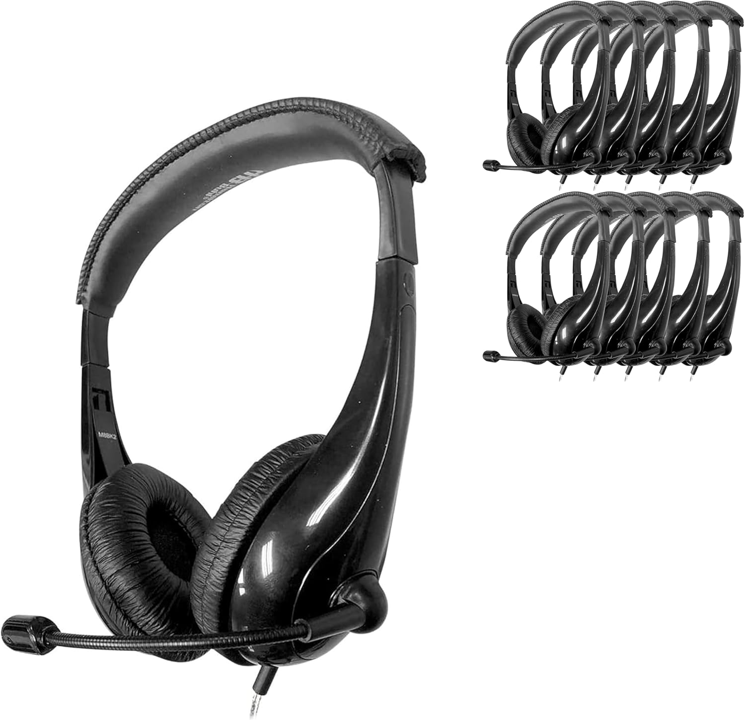 HamiltonBuhl Motiv8 Mid‑Sized Multimedia Headset – In‑Line Volume Control, Steel Gooseneck Microphone, 3.5mm Slim‑Barrel Plug, Leatherette Cushions, Dura‑Cord – Black Classroom Headset (50 Pack)