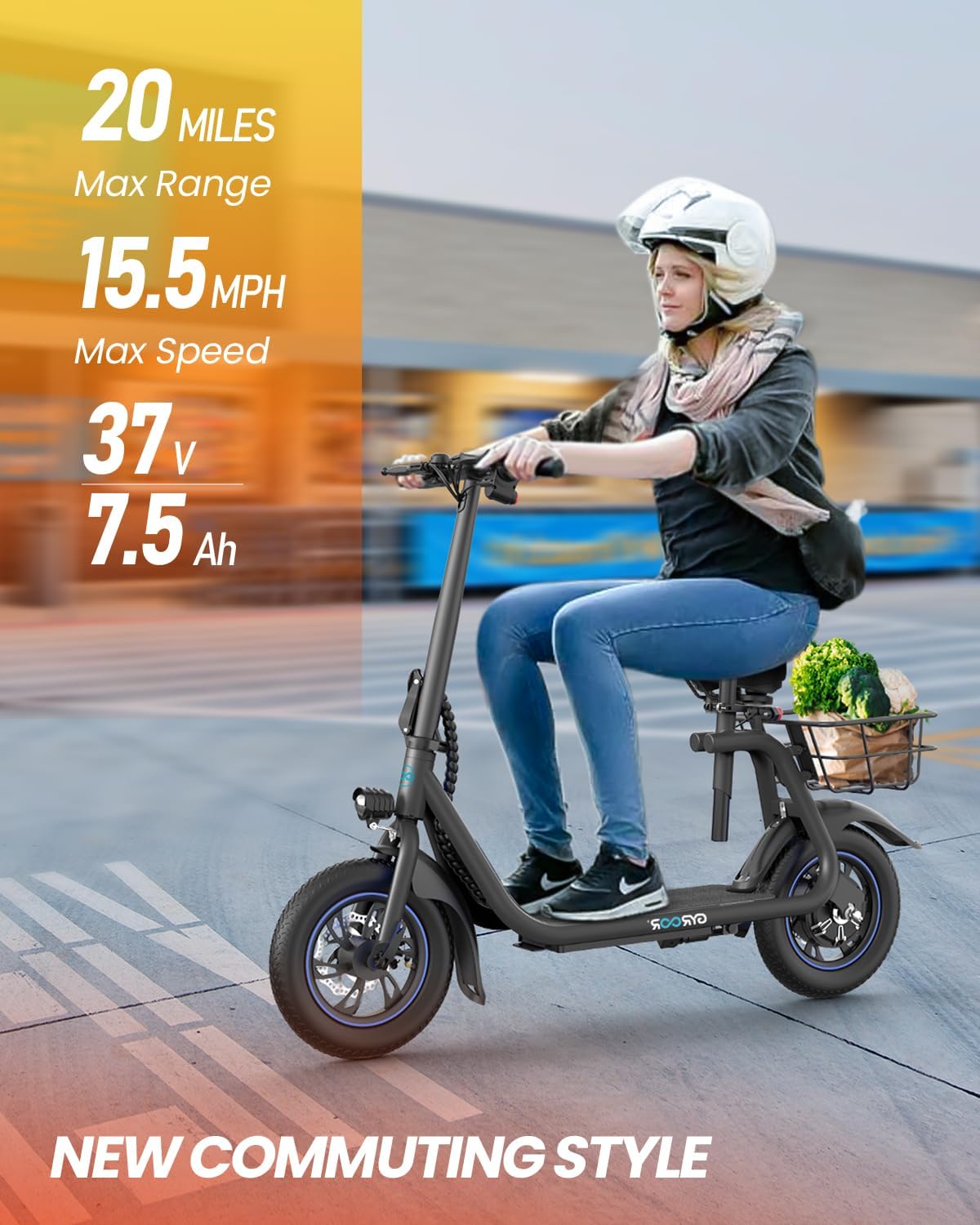 Gyroor Electric Scooter for Adults with Seat, 20/25 Miles Range 450W Motor up to 15.5/18.6 MPH Speed LCD Display, Electric Scooter with Basket