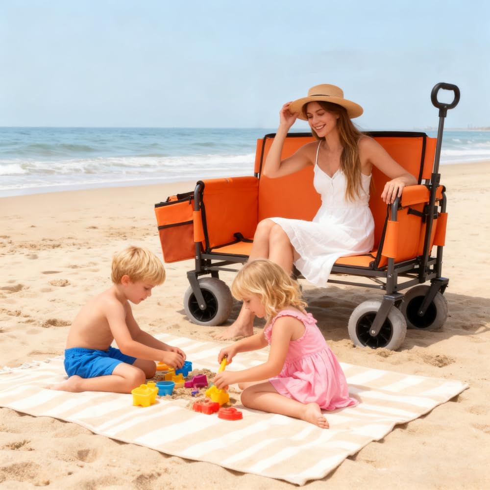 Versatile Folding Wagon with Bench Seat – Heavy-Duty Steel Frame, All-Terrain Wheels, Spacious Cargo Area for Outdoor Adventures (Orange + Steel)
