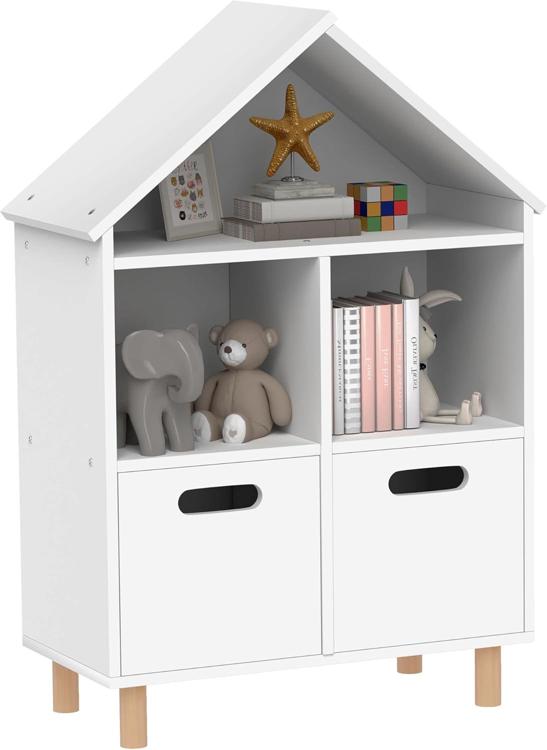 DiMorture Kids Bookshelf with 2 Drawers, Wooden Toy Storage Cabinet with Open Shelf,3-Cubes Montessori Display Shelf for Kid Room, Toddler Bookcase for Nursery Classroom (White)