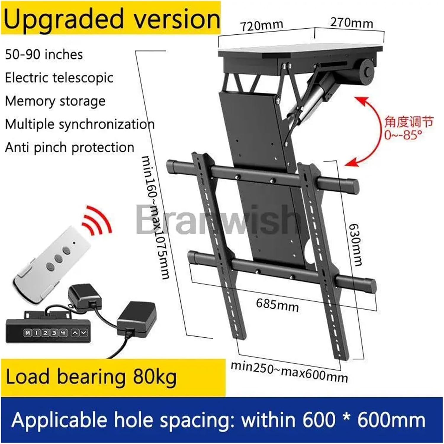 50-90 inch Ceiling TV Lift Remote Control Swivel Bracket Support Bracket Adjustable Installation Wall Mount Bracket(Upgraded Version)