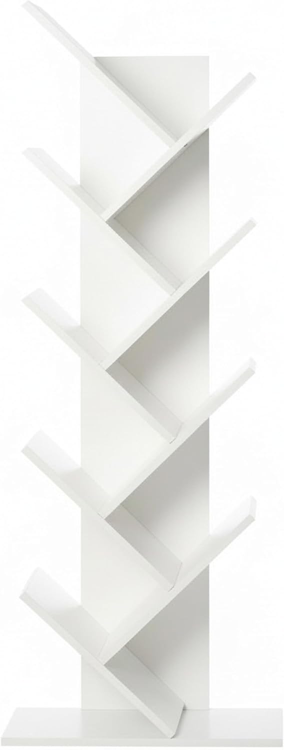 Basicwise Modern 9-Tier Wooden Tree Bookshelf for Home and Office Freestanding Vertical Book Storage Rack Zigzag Design Space-Saving Floor Standing Bookcase for Living Room Bedroom or Study, White
