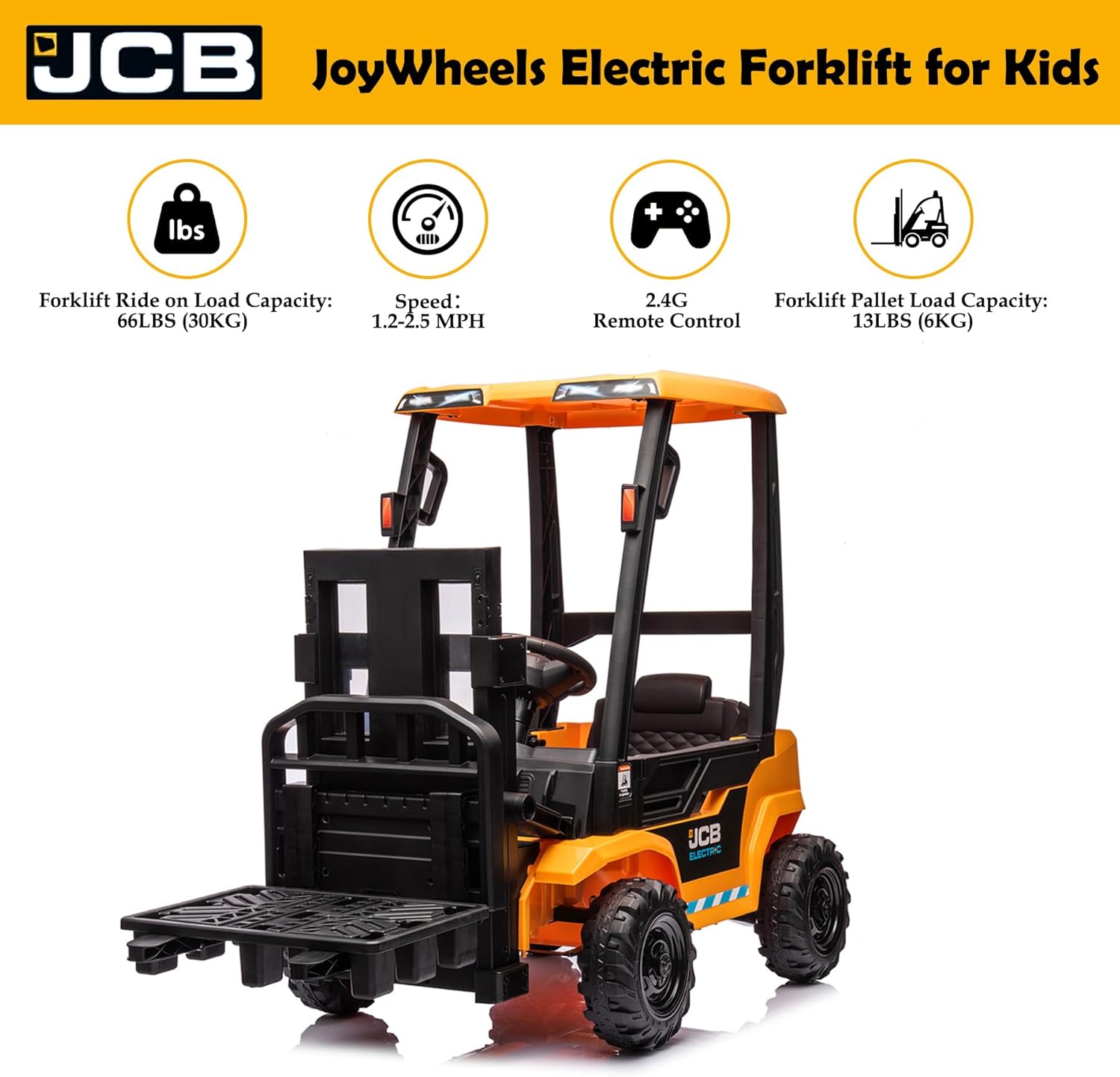 12V Forklift Ride on Car, Licensed JCB Battery Powered Electric Ride On Construction Car for Kids with Electric Liftable Fork, Remote Control, Spring Suspension, Yellow