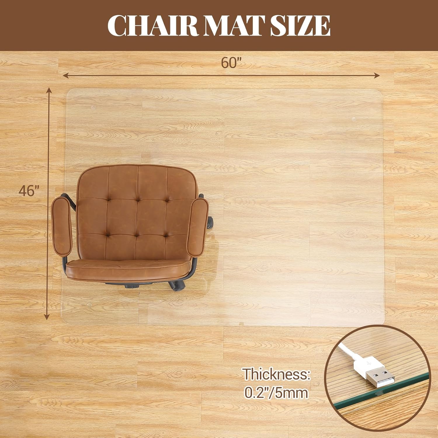 Tempered Glass Floor Mat, 46 in x 60 in Office Chair Mat with Round Corner and Polished Edge, 1/5 in Thick Transparent Tempered Glass Computer Floor Mat for Office and Home Hard Floor or Carpeted