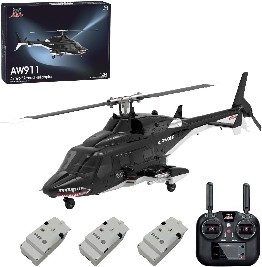 1/34 Scale AW-911 Air-Wolf RC Helicopter, 2.4G 9CH Flybarless Airplanewith 6G/3D Stunt Mode and GPS Positioning (RTF Version/Mode 1/Mode 2)