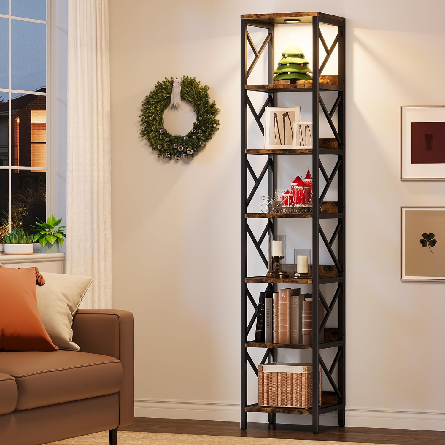 Condemo 78.7 Inch Extra Tall Narrow Bookshelf with LED Light, 7 Tier Skinny Bookcase for Small Space, Freestanding Display Corner Shelf, Modern Industrial Storage Organizer for Home Office, Brown