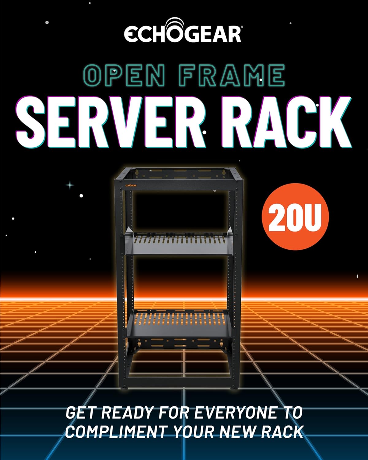 ECHOGEAR 20U Open Frame Rack for Servers & AV Gear - Wall Mountable Design Includes 2X Vented Shelves