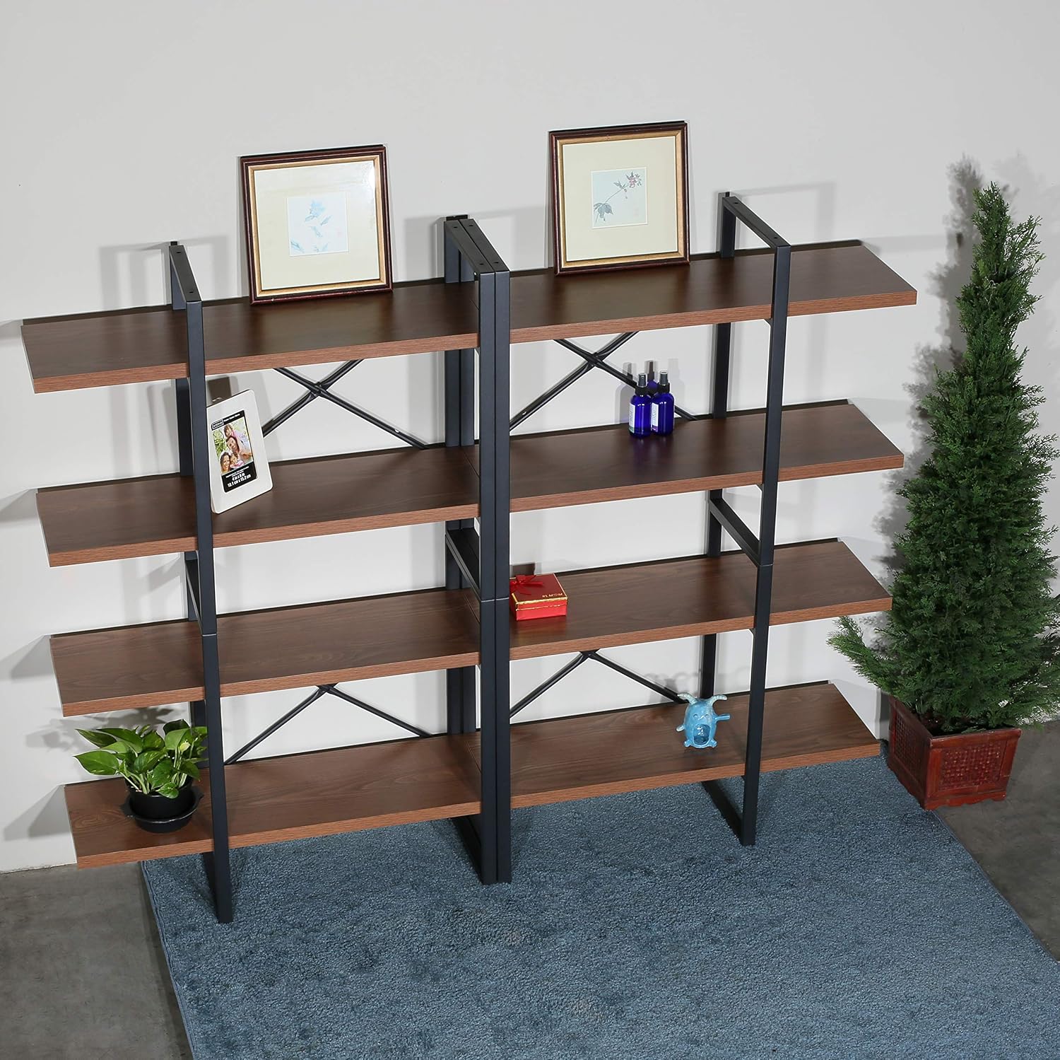 Industrial Wood Etagere Bookcase with 8-Tier and 8-Open Wider Metal Frame