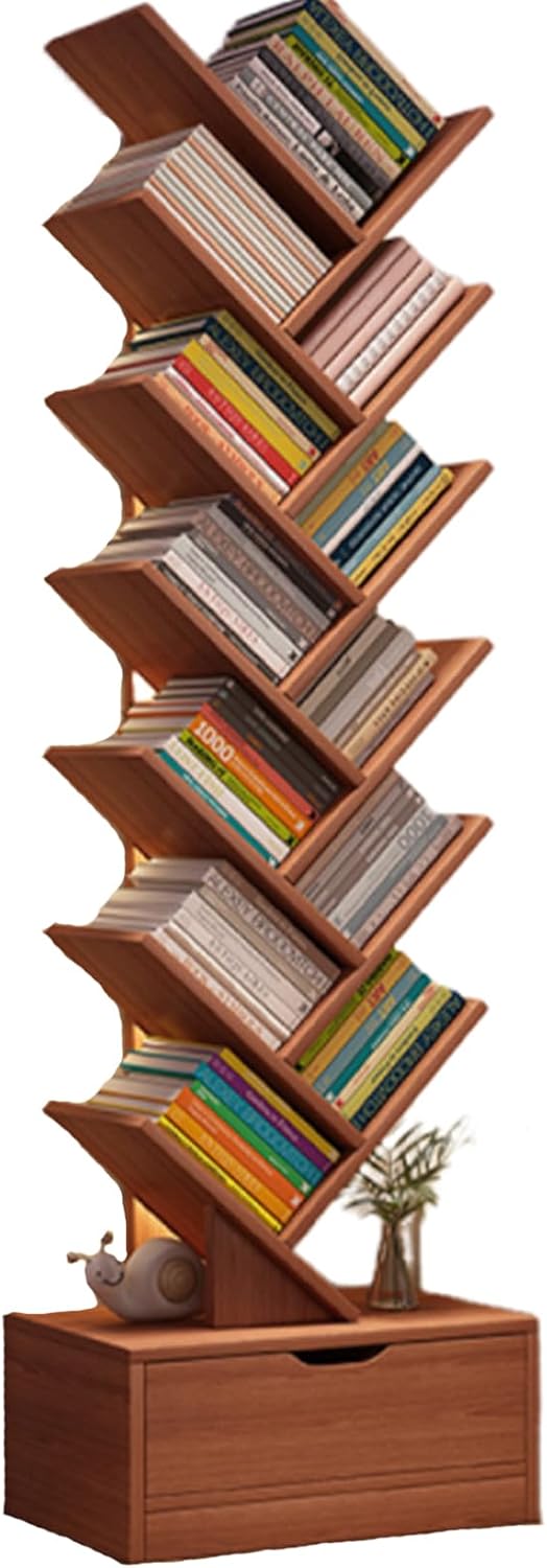 JS Ellie Floor-Standing Tree-Shaped Bookshelf, Tall Bookcase with Drawers and Multi-Layer Shelves, Suitable for Living Room, Bedroom, Study, Office Walnut 158cm